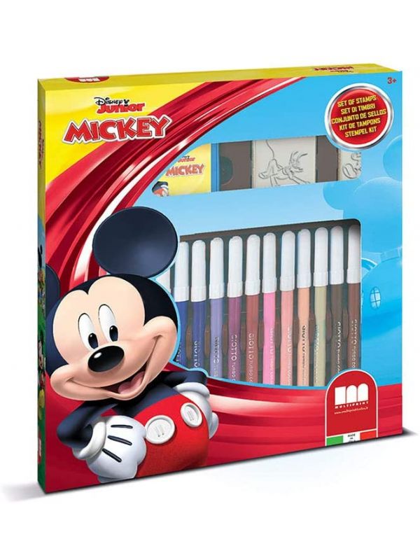 Set 2 Timbri per Bambini e 18 Pennarelli Colorati Disney Mickey -  Multiprint 86945
